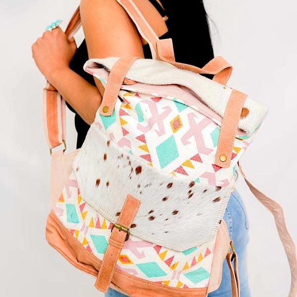 OLAY Aztec Cowhide Backpack with Pink and Turquoise Accents Olay Aztec Print Tan Backpack LB178 main image 4